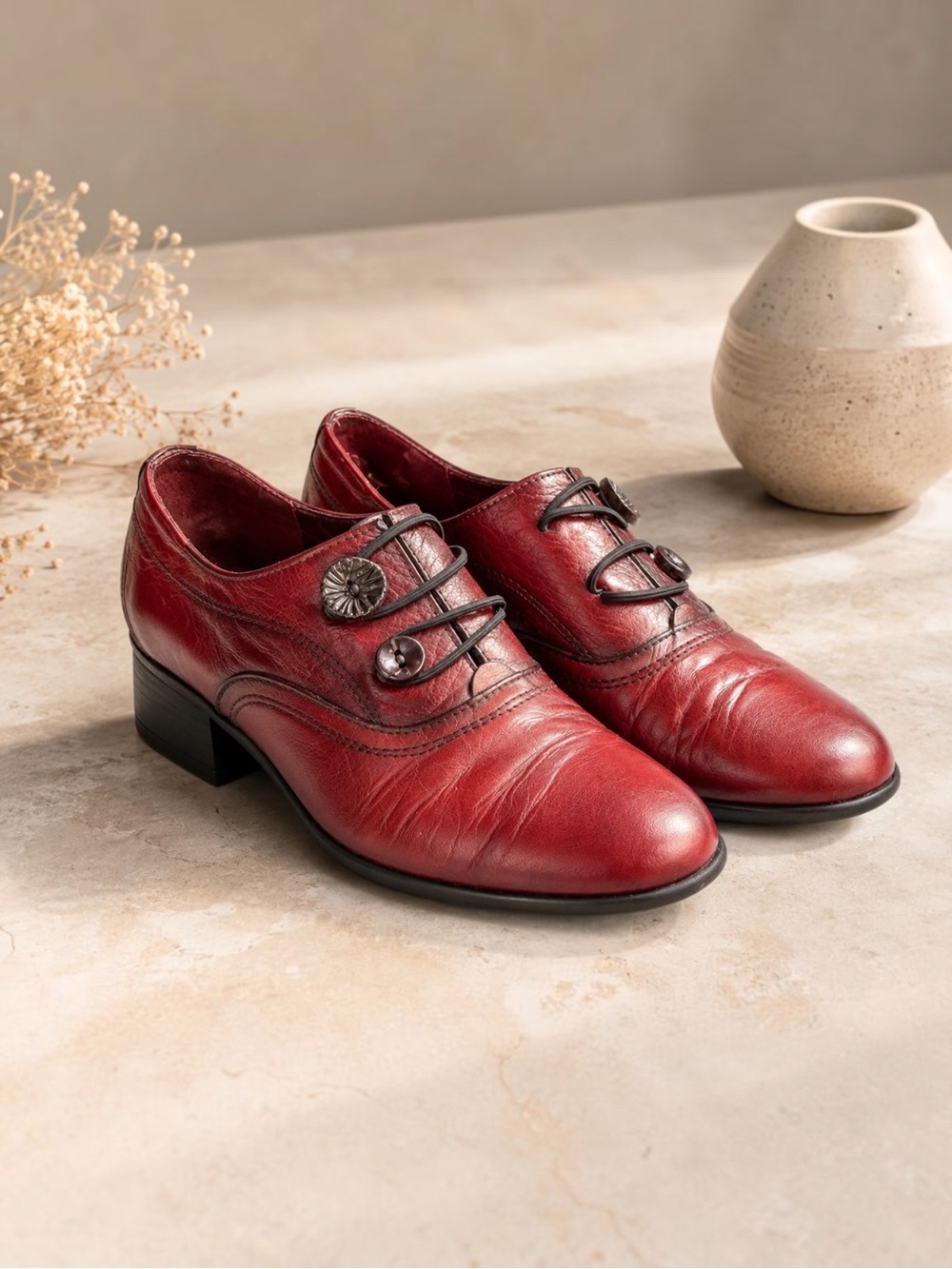 Hispanitas Burgundy Leather Button Oxford Loafers EU 38 Spain Comfort Shoes